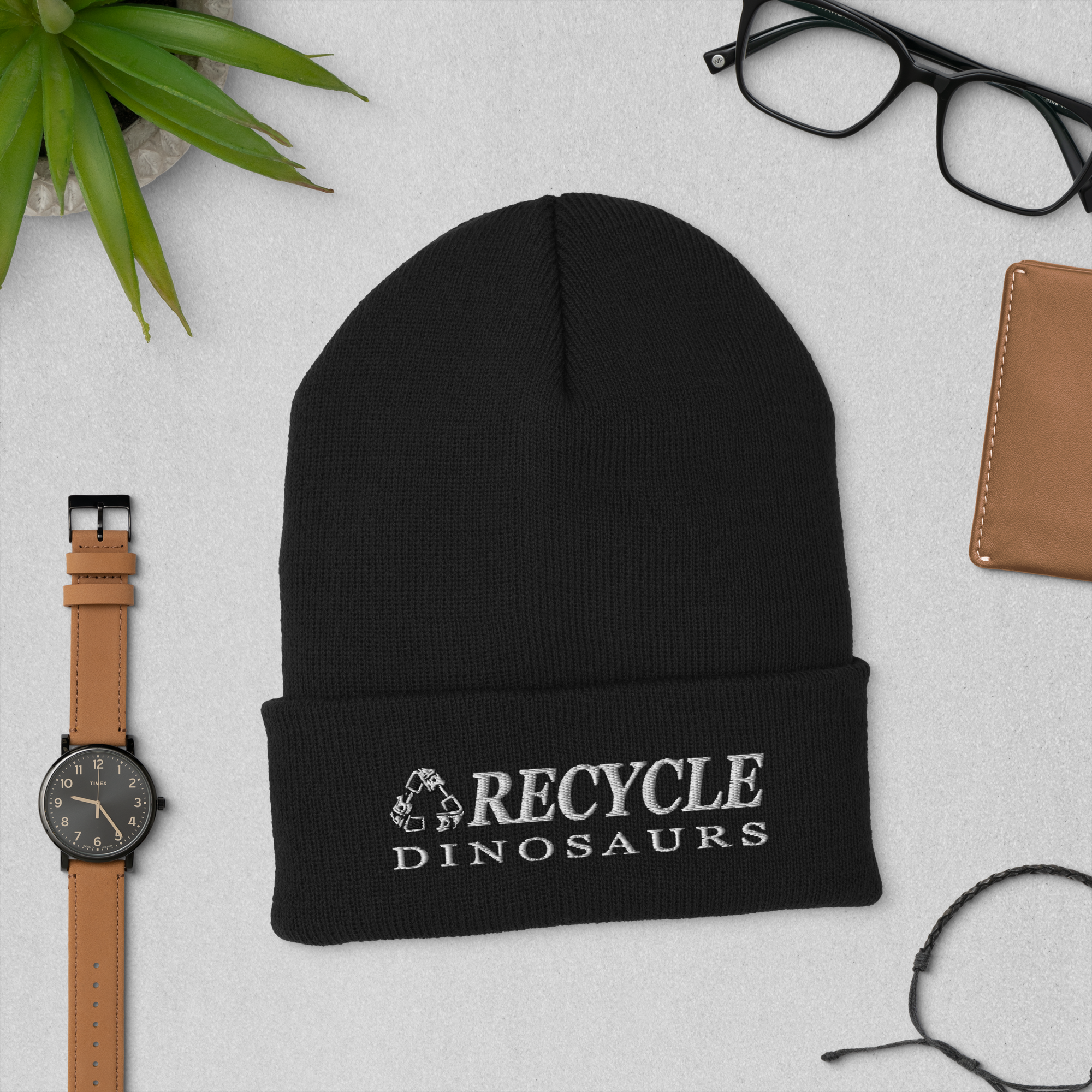 cuffed-beanie-black-front-69a0bd18b0783.png Recycle Dinosaurs Cuffed Beanie