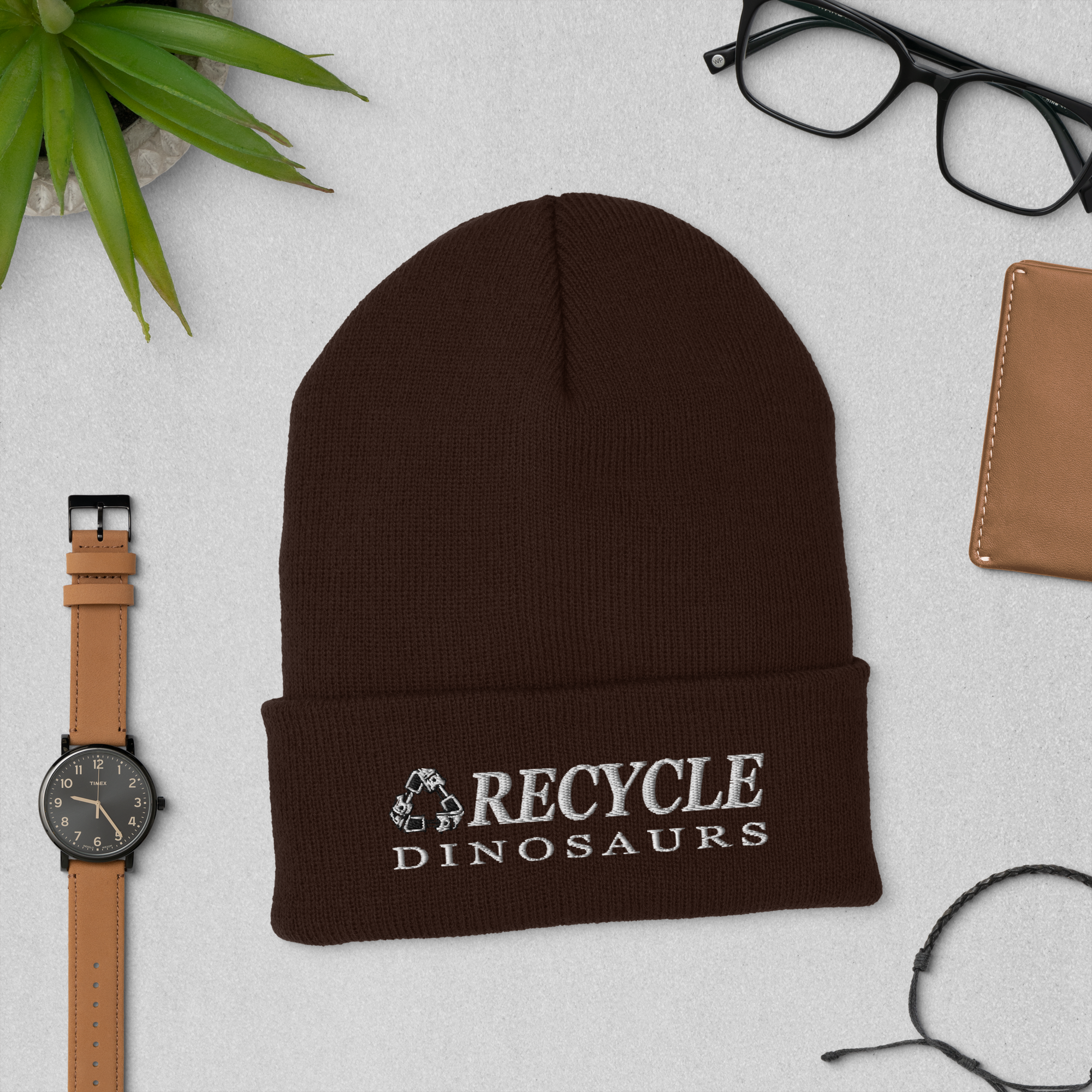 cuffed-beanie-brown-front-69a0bd18b10f1.png Recycle Dinosaurs Cuffed Beanie - Image 2