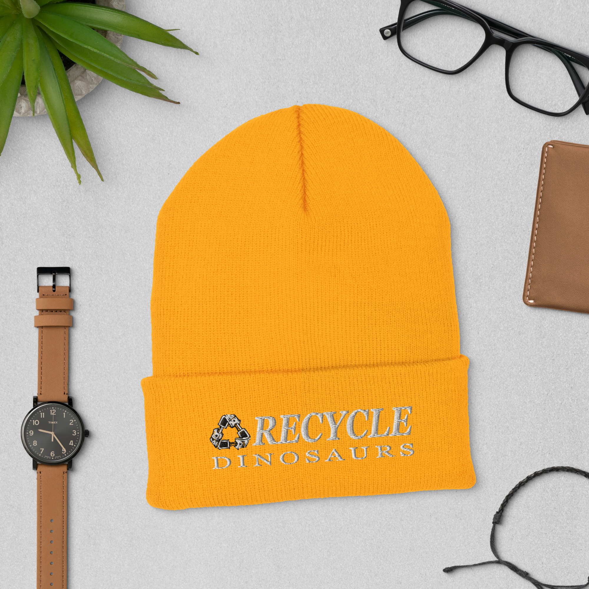cuffed-beanie-gold-front-69a0bd18b1706.png Recycle Dinosaurs Cuffed Beanie - Image 10