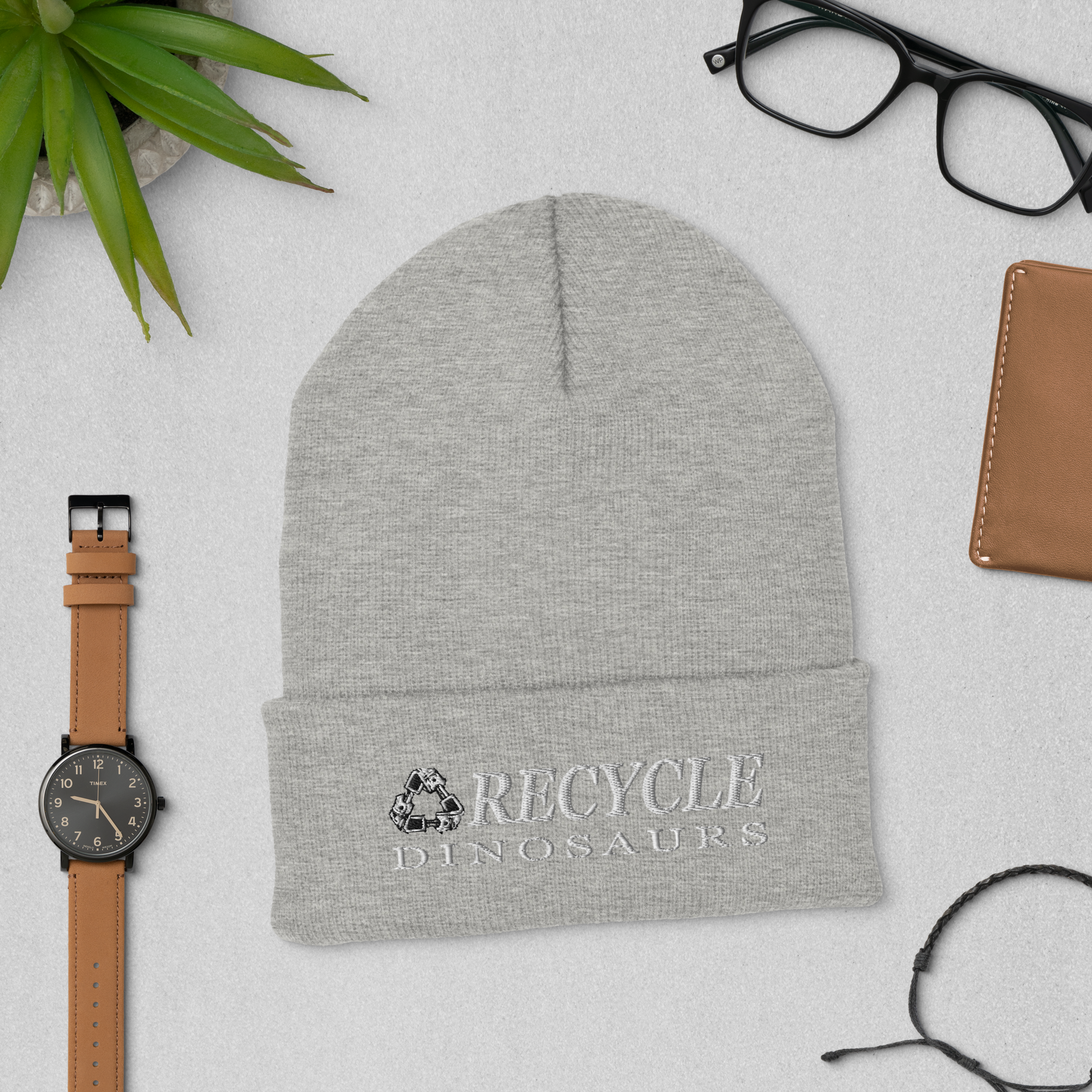 cuffed-beanie-heather-grey-front-69a0bd18b1649.png Recycle Dinosaurs Cuffed Beanie - Image 9