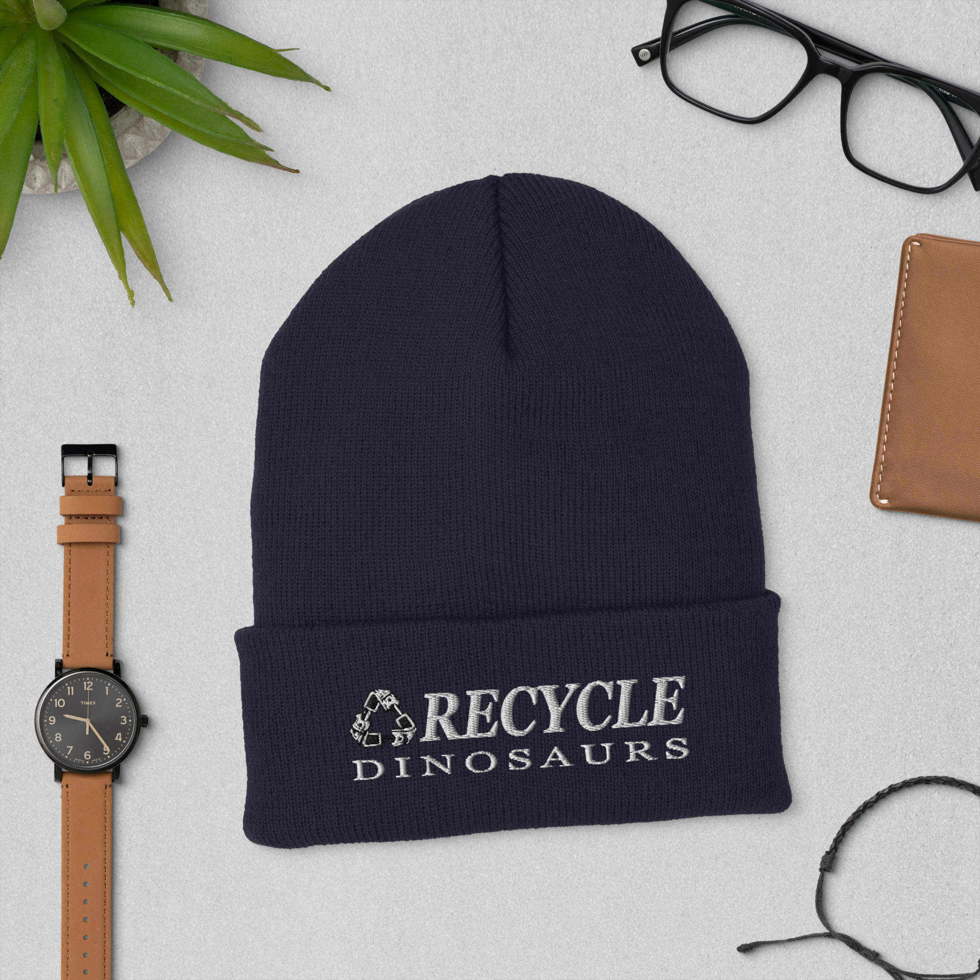 cuffed-beanie-navy-front-69a0bd18b11c1.png Recycle Dinosaurs Cuffed Beanie - Image 3