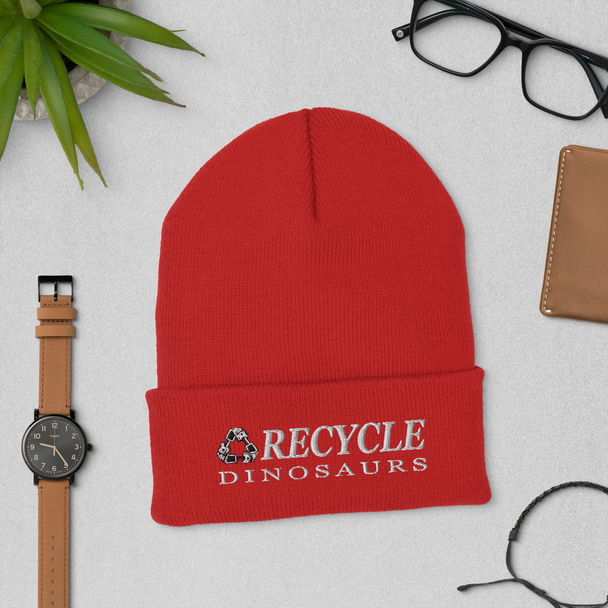 cuffed-beanie-red-front-69a0bd18b13a8.png Recycle Dinosaurs Cuffed Beanie - Image 6