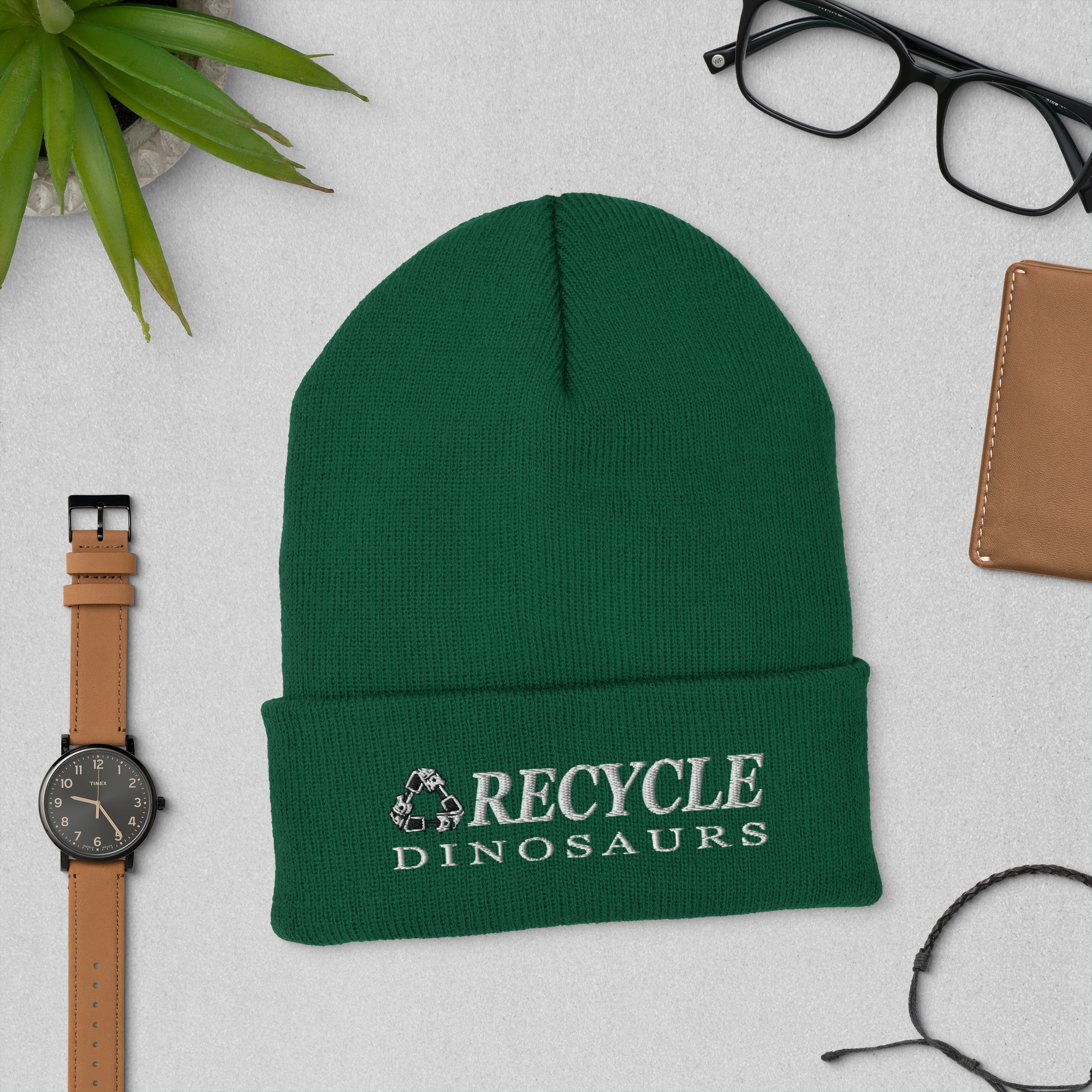 cuffed-beanie-spruce-front-69a0bd18b153d.png Recycle Dinosaurs Cuffed Beanie - Image 8