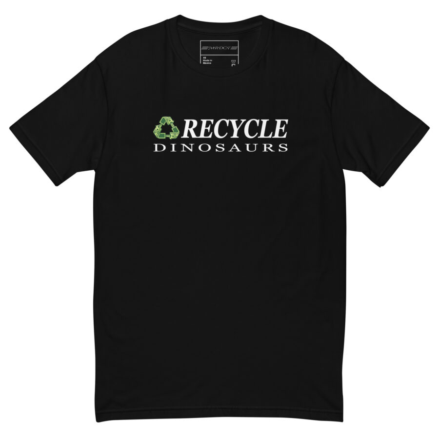 Recycle Dinosaurs t-shirt — men's fitted tee in black, front view