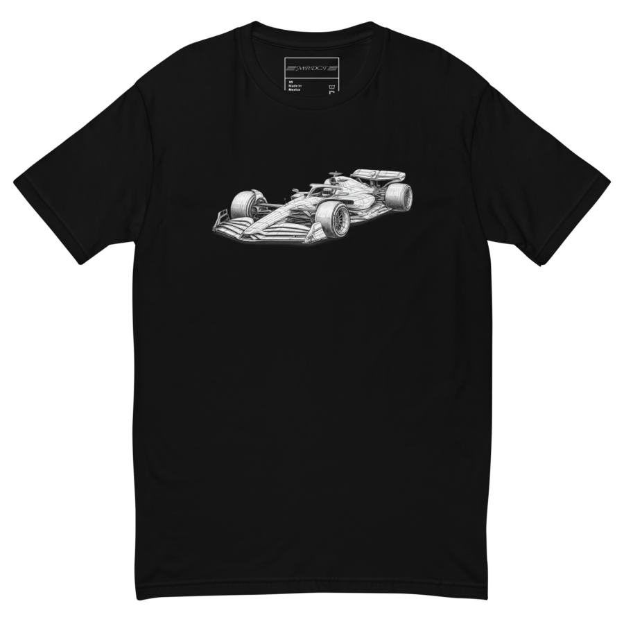 Open wheel racing t-shirt — men's fitted tee in black, front view