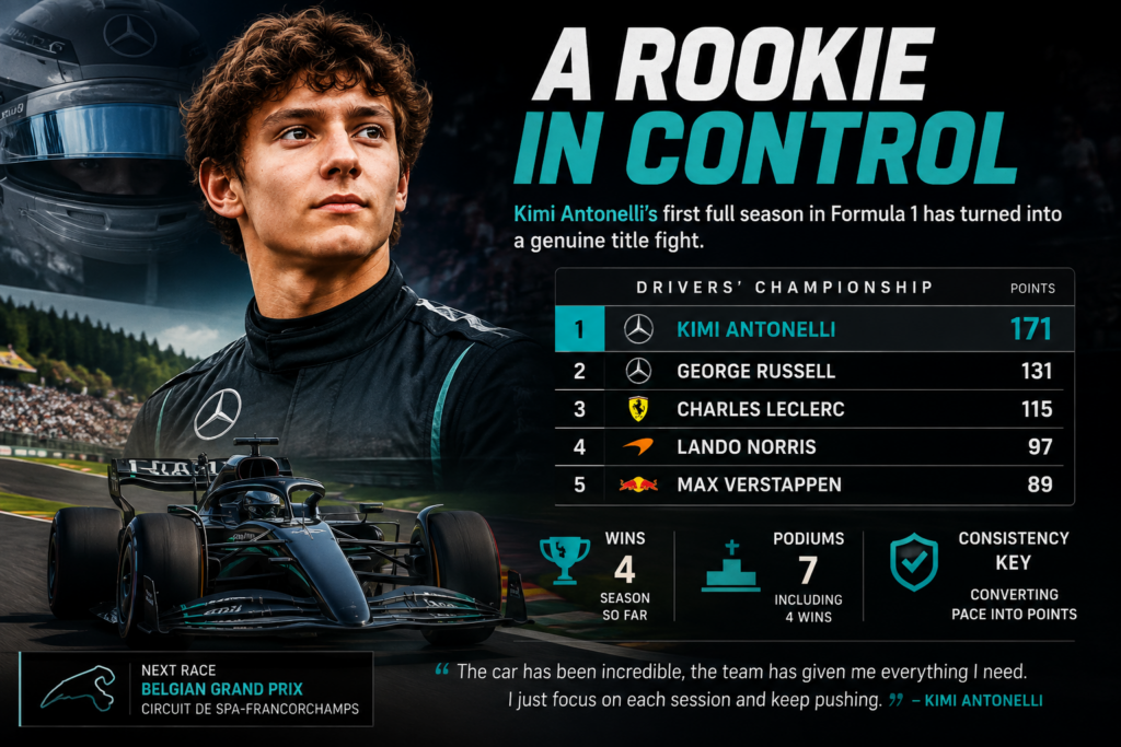 Infographic featuring Kimi Antonelli: rookie in control