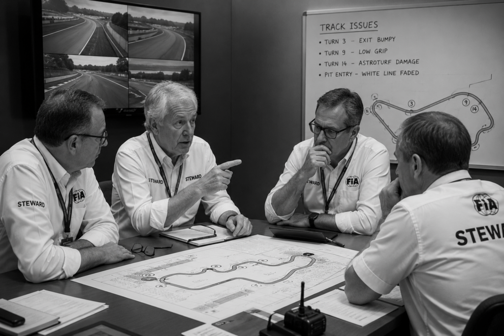 Formula 1 stewards reviewing a racing incident in the control room