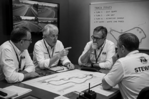 Formula 1 stewards reviewing a racing incident in the control room