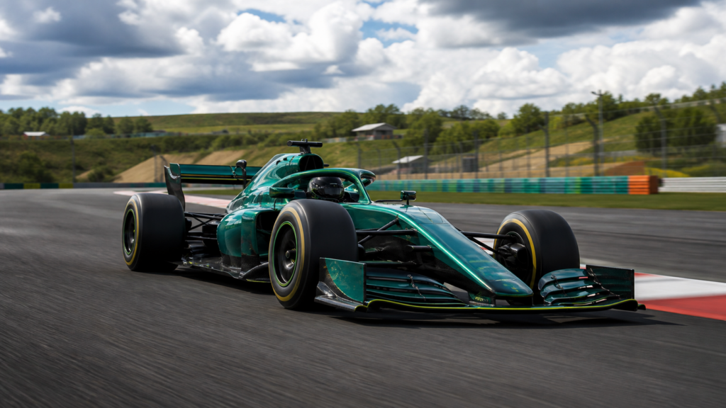 Aston Martin's B-Spec Formula 1 car racing on track in Hungary