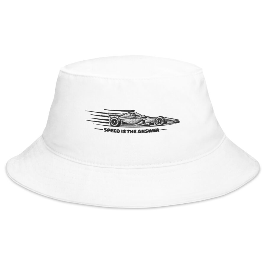 Speed Is the Answer Bucket Hat in white, front view