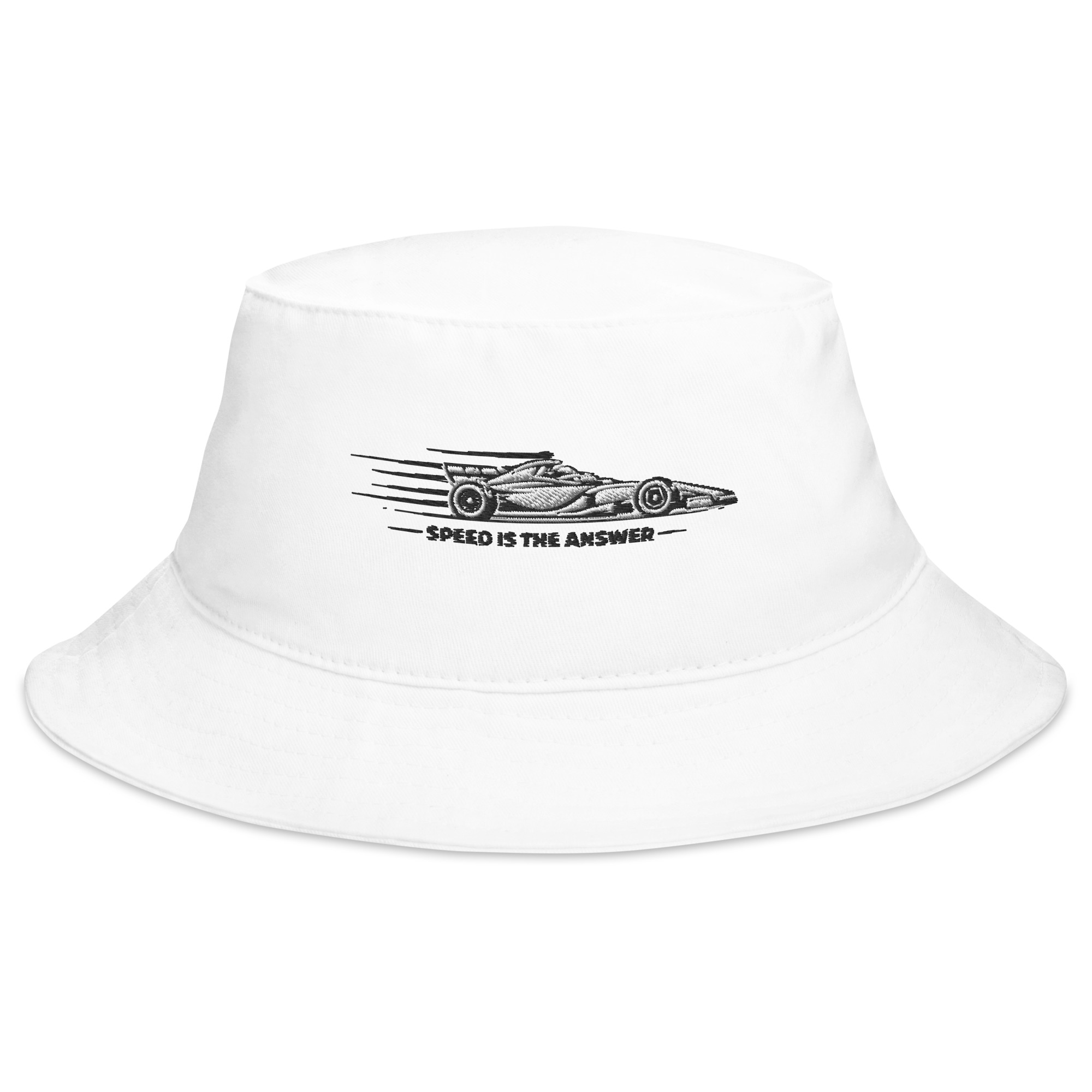 Speed Is the Answer Bucket Hat in white, front view