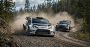 Two rally cars contest the WRC 2026 title fight on a Finnish gravel stage