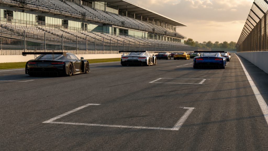 GT3 race cars leave empty grid positions on a road-course starting straight