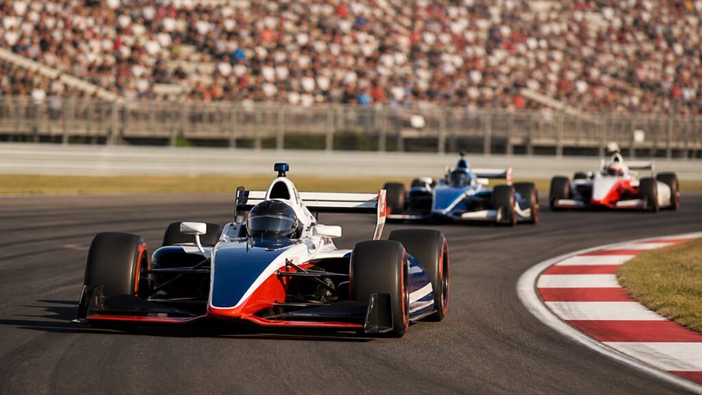 IndyCar-style open-wheel cars racing on an American road course
