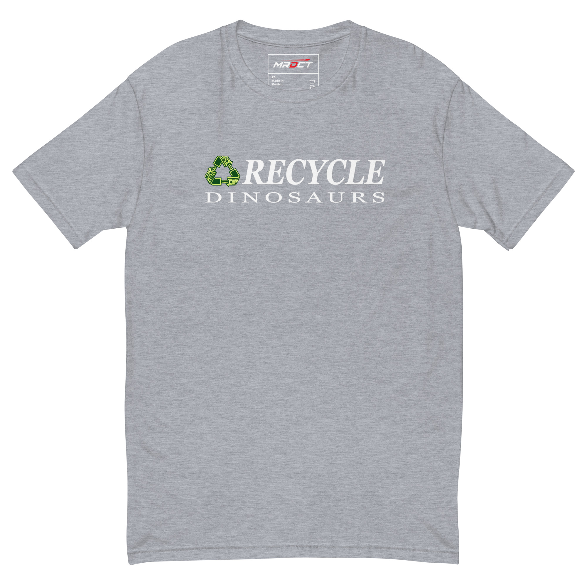 Recycle Dinosaurs T-Shirt in heather grey, front view