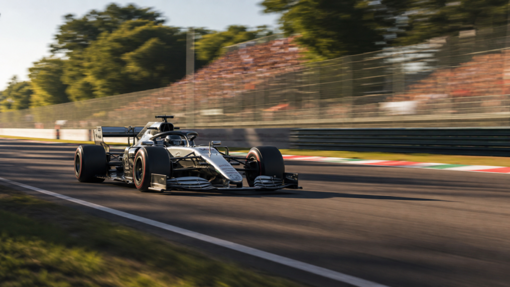 Mercedes engine penalty strategy illustrated by a silver Formula One car racing at Monza