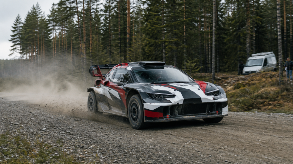 Toyota WRC27 rally prototype testing at speed on a Finnish gravel road
