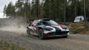 Toyota WRC27 rally prototype testing at speed on a Finnish gravel road