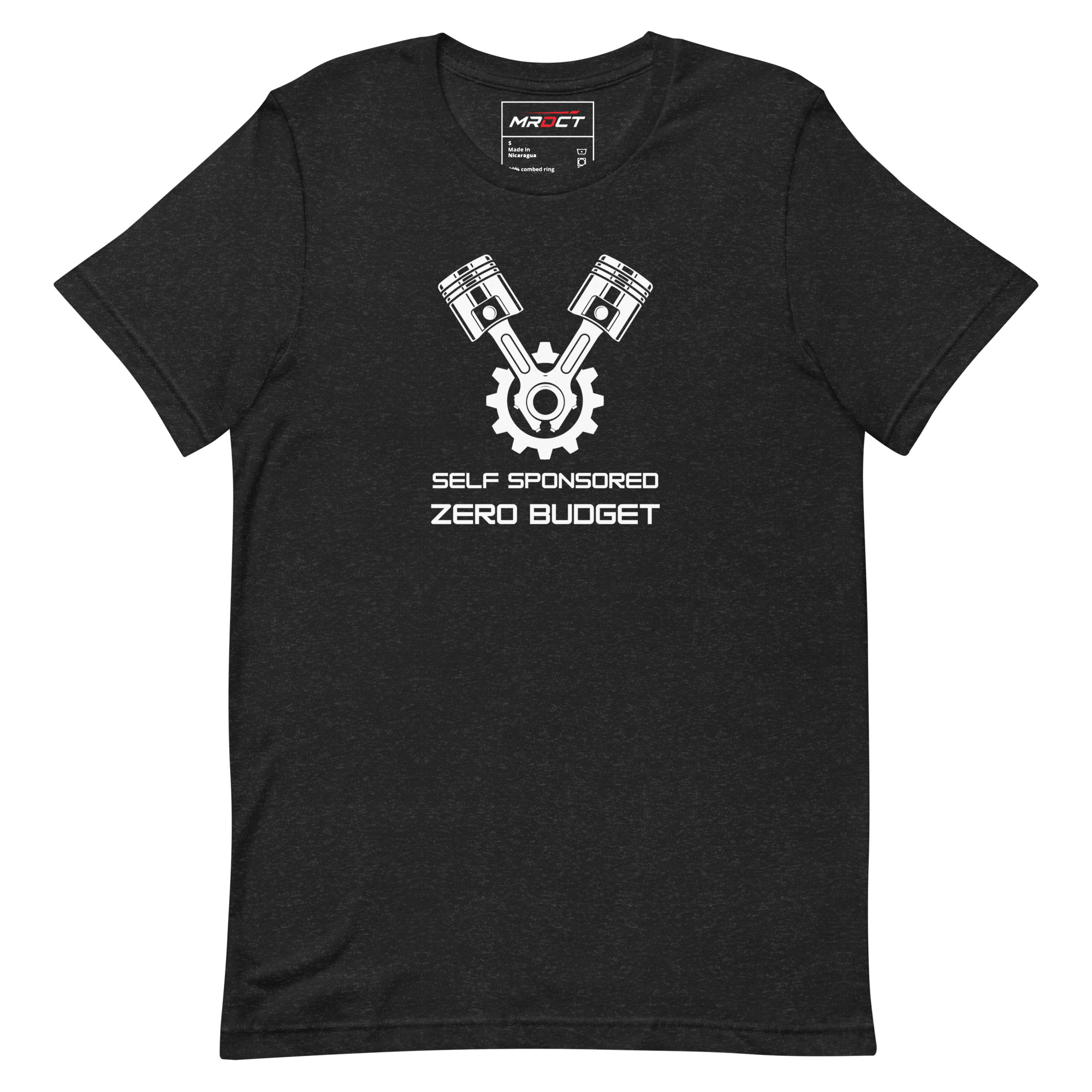 Self Sponsored T-Shirt in Black Heather, front view of the grassroots racing tee