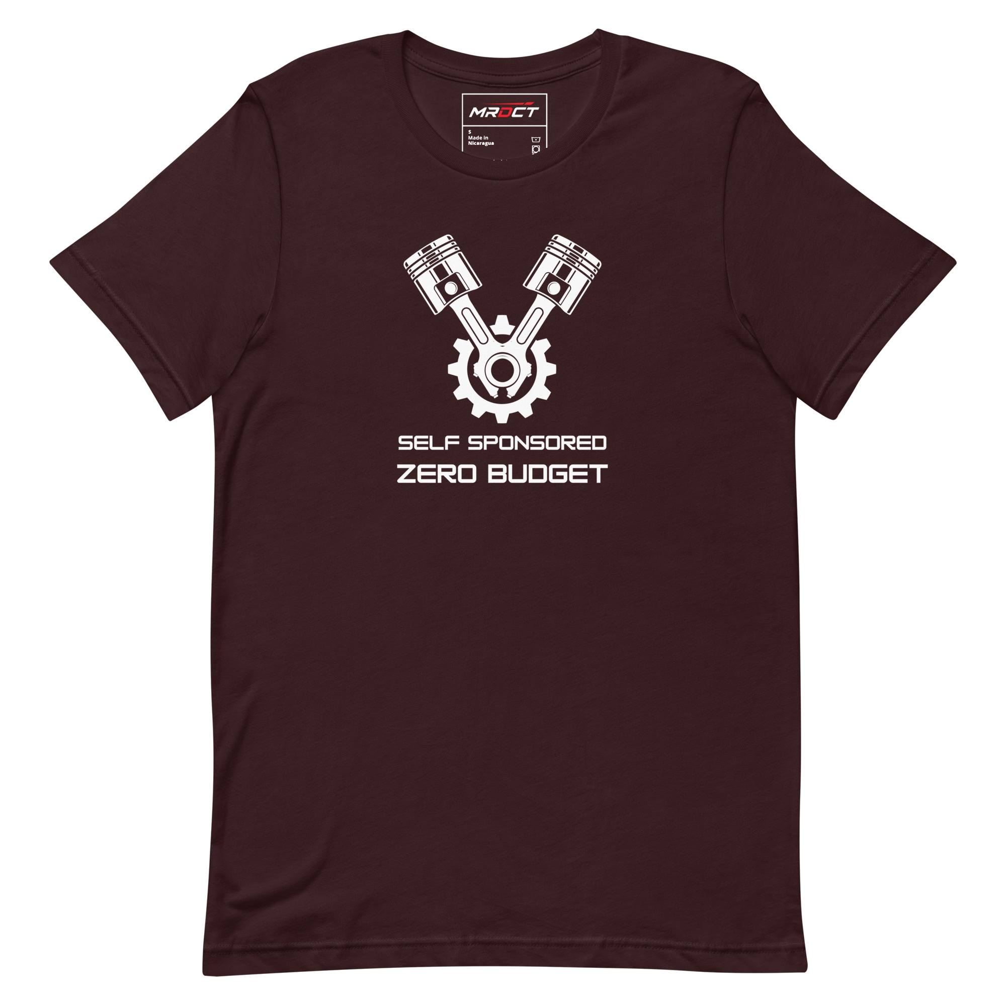 Self Sponsored T-Shirt in Oxblood Black, front view of the grassroots racing tee