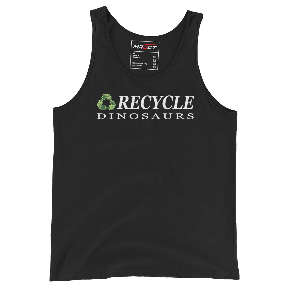Recycle Dinosaurs Tank Top in black, front view