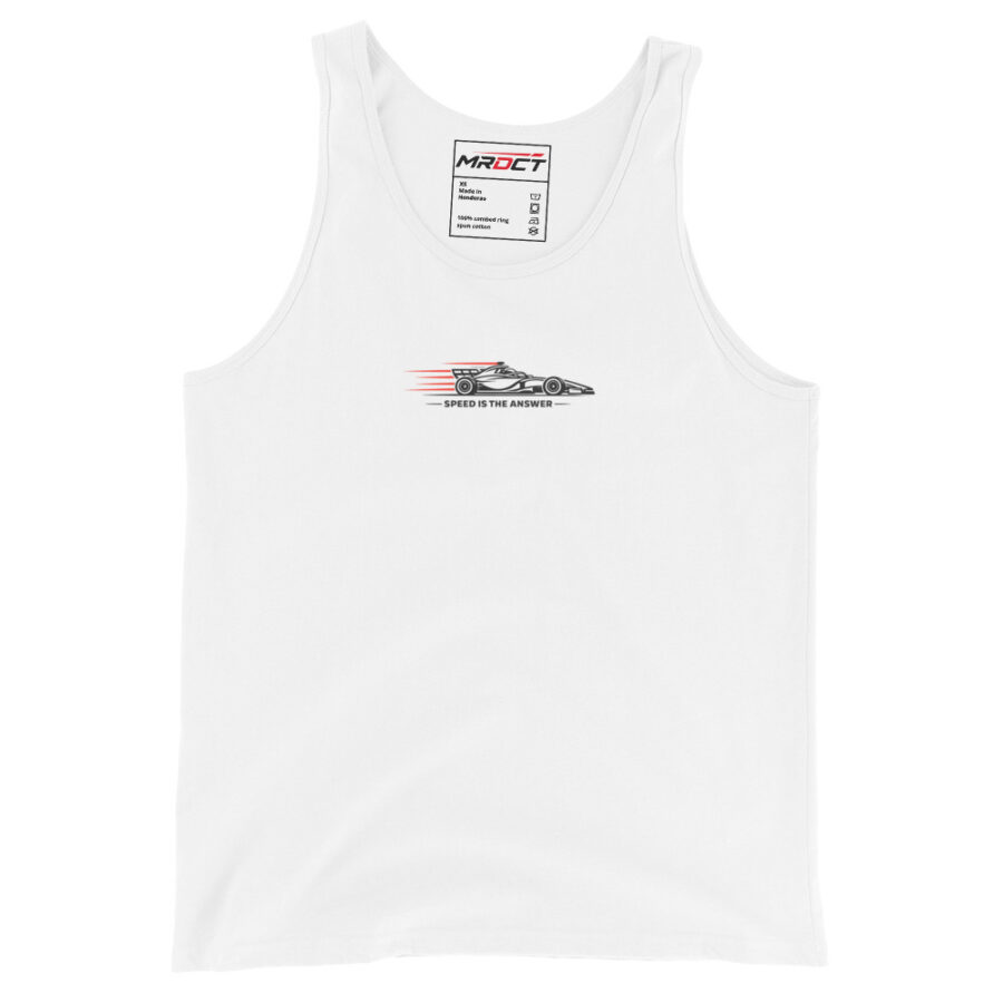 Speed Is the Answer Tank Top in white, front view
