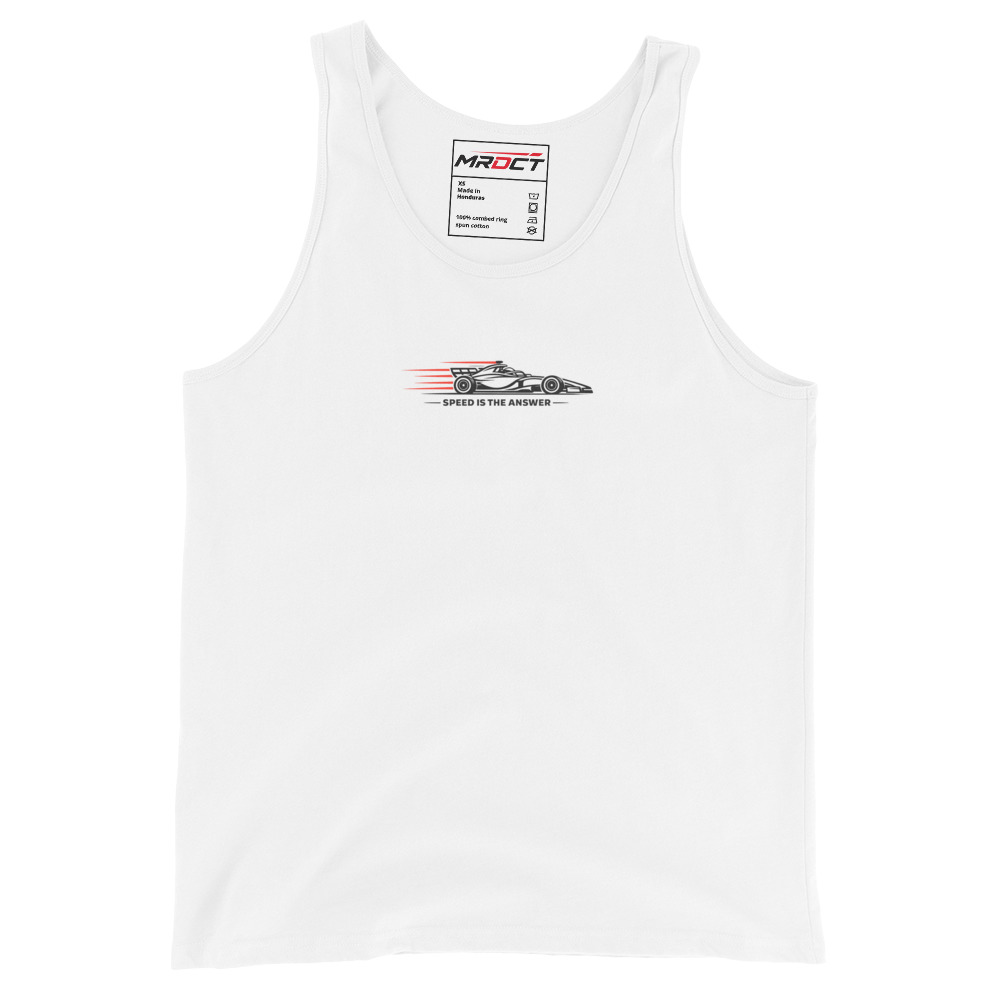 Speed Is the Answer Tank Top in white, front view
