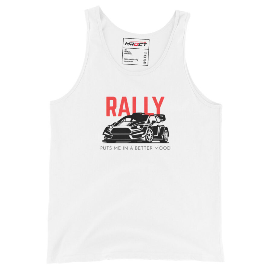 Rally Tank Top in white with motorsports rally car graphic