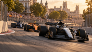 Spanish Grand Prix race review with three open-wheel cars racing through Madrid