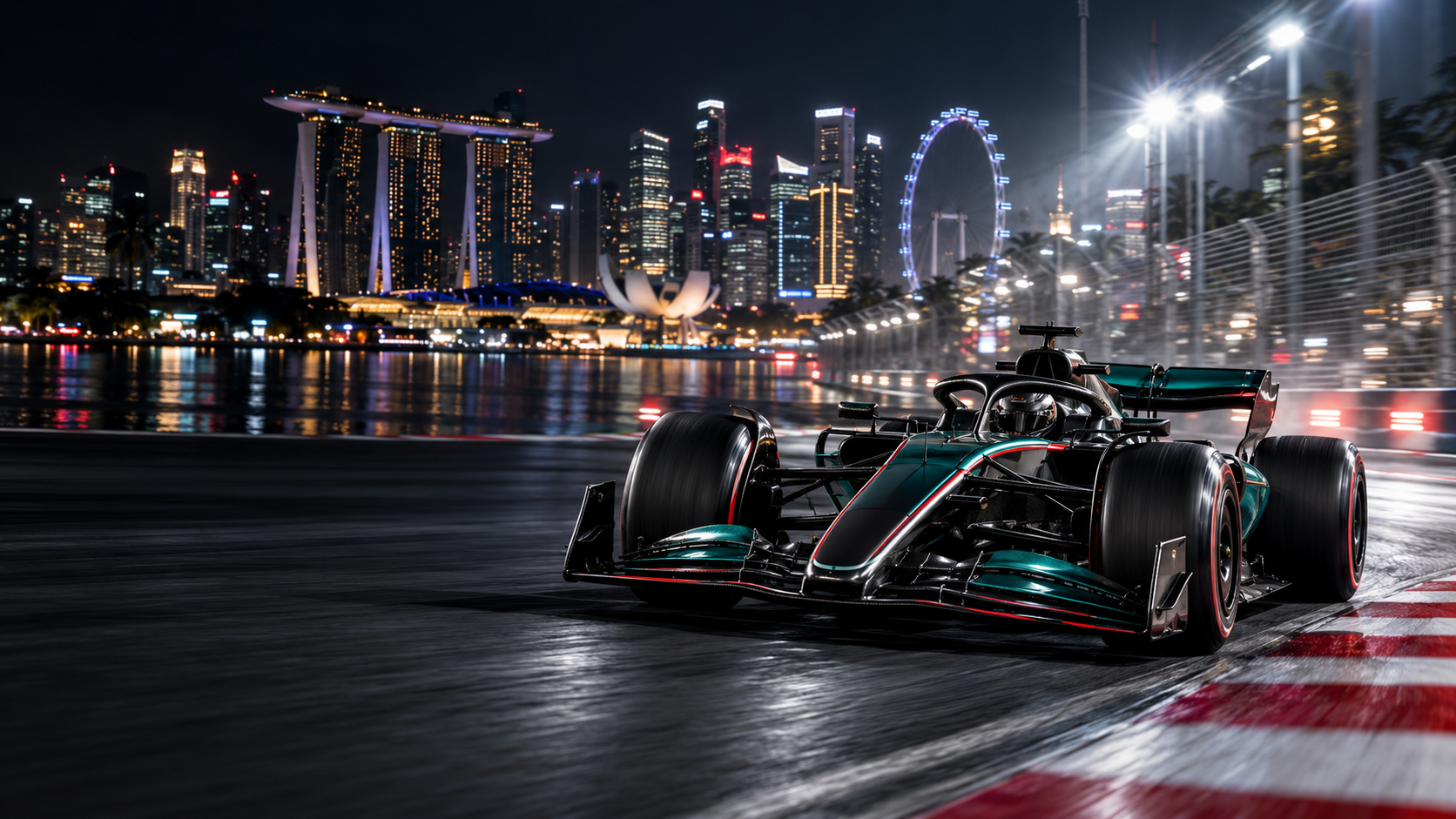 Formula-style race car cornering at night on the Marina Bay street circuit with the Singapore skyline lit up behind it